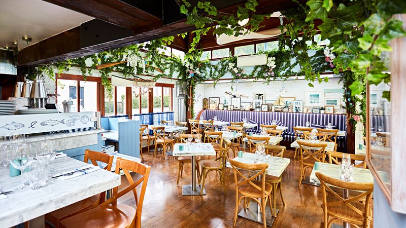 Flick through a menu that shifts through the seasons at The Summerhouse in Little Venice. Credit: Steven Joyce. Image courtesy of First Restaurant Group. Marble-topped tables and wooden chairs inside The Summerhouse with plants trailing from the rafters.