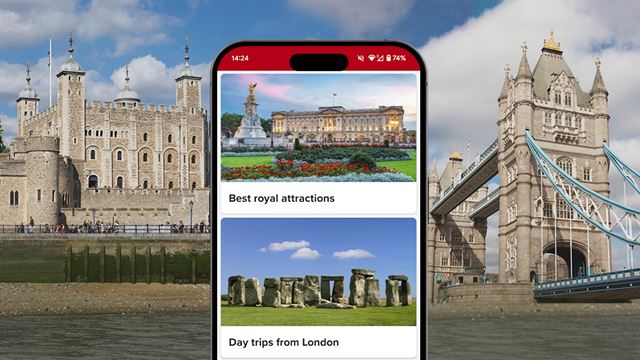 Explore the city with the official Visit London app. Credit: Visit London. Image courtesy of London & Partners. An image of a mobile phone showing the Visit London app with images of Buckingham Palace and Stonehenge, plus featuring the Tower of London and Tower Bridge in the background on a sunny day.