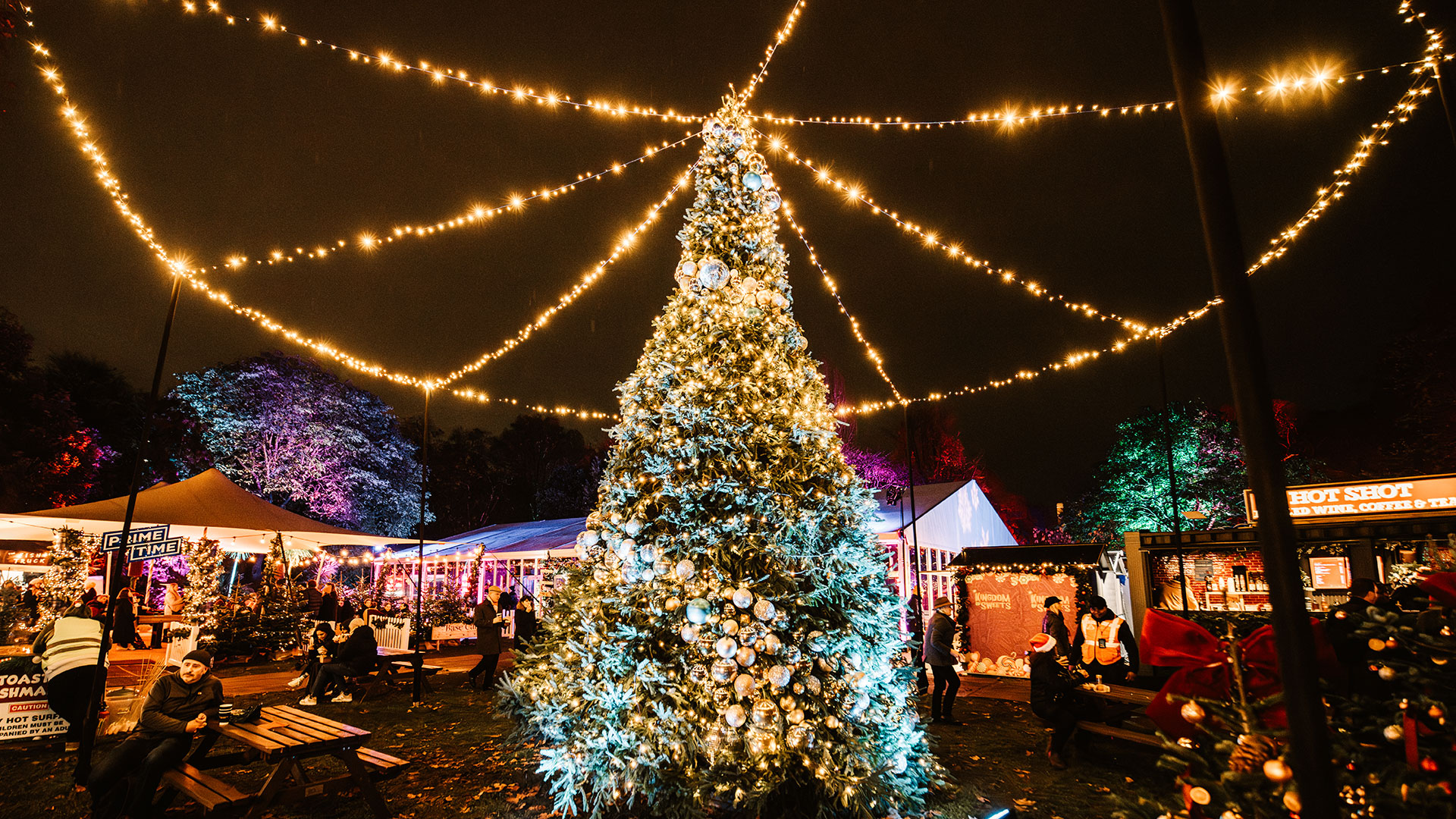 Experience the magic of Christmas at Chelsea Winter Village. Image courtesy of Golden Tours. People walking along a path at night in a park, with bare trees illuminated by vibrant neon lights in green, blue, purple, and orange, creating a colourful and glowing display against the dark sky.