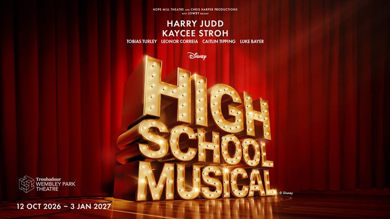 Celebrate the 20th anniversary of Disney's hit show, High School Musical, by seeing this sensational musical at the Troubadour Theatre in Wembley Park. Image courtesy of London Theatre Direct. This is a promotional poster for High School Musical, showing the title in gold neon letters with a red curtain behind.