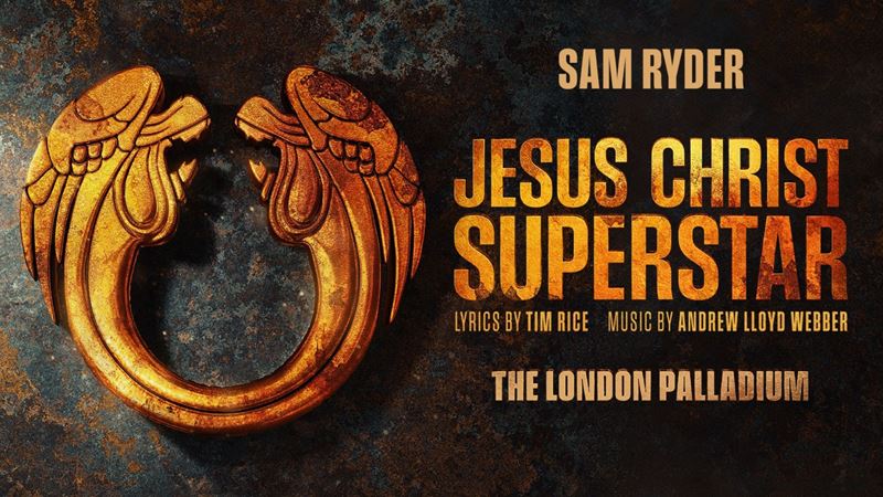 See Jesus Christ Superstar on the London stage this autumn. Image courtesy of London Theatre Direct. poster design for the Jesus Christ Superstar musical, with a dark marbled background and the name of the show in gold letters