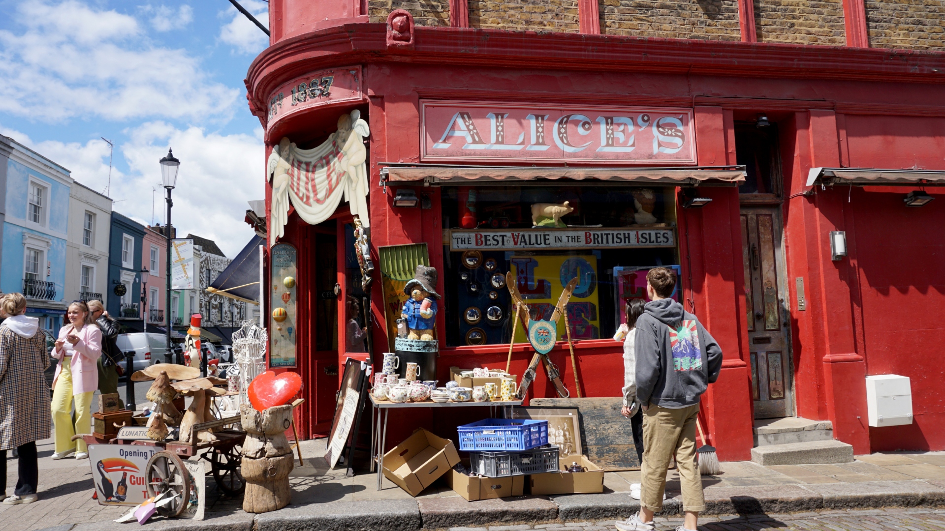 Alice's antique shop on Portobello Road in Notting Hill on a sunny day