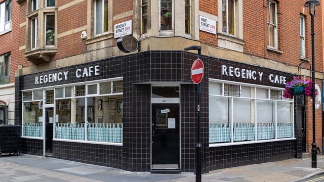 The black and white exterior of the Regency Café in Westminster