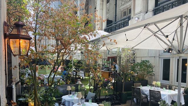 The leafy outdoor setting of the Terrace with tables set under white umbrellas