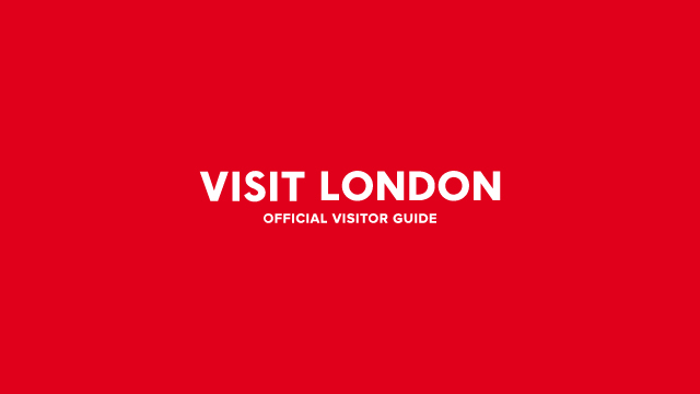 the Visit London logo in white on a red background