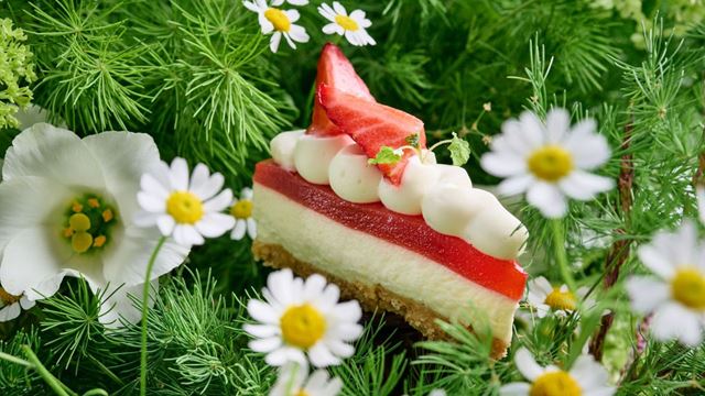 Slice of strawberry cheesecake decorated with cream and fresh strawberry pieces, nestled among green foliage and white daisy flowers.