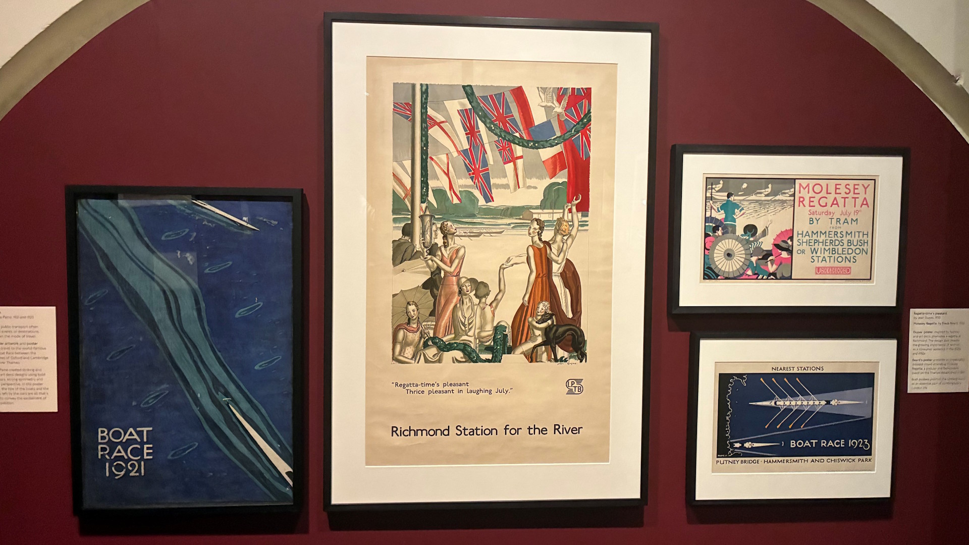 See unique posters promoting The Boat Race and other riverside events and activities at this art deco themed exhibition. Image courtesy of Jonny Payne. Four colourful posters including posters promoting The Boat Race in 1921 and 1923, Richmond, and Molesey Regatta