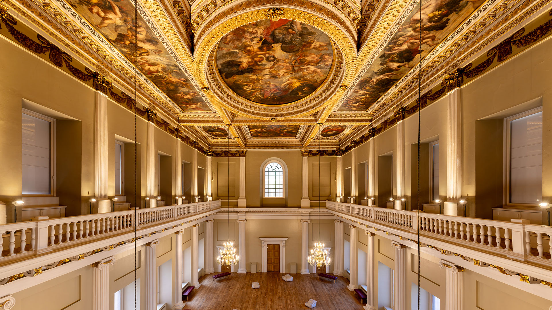 The elegant balcony area below Reubens painted ceiling