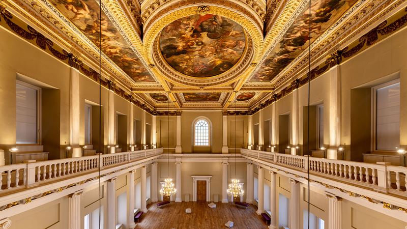The elegant balcony area below Reubens painted ceiling
