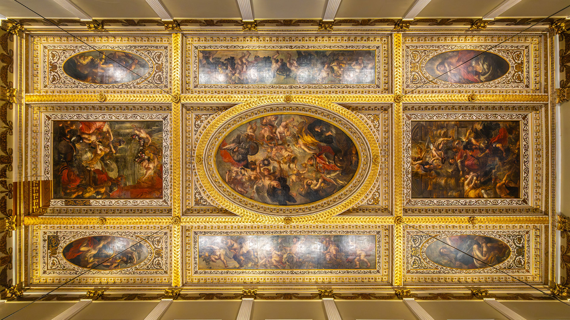 The majestic gold ceiling of Banqueting House painted by Reubens