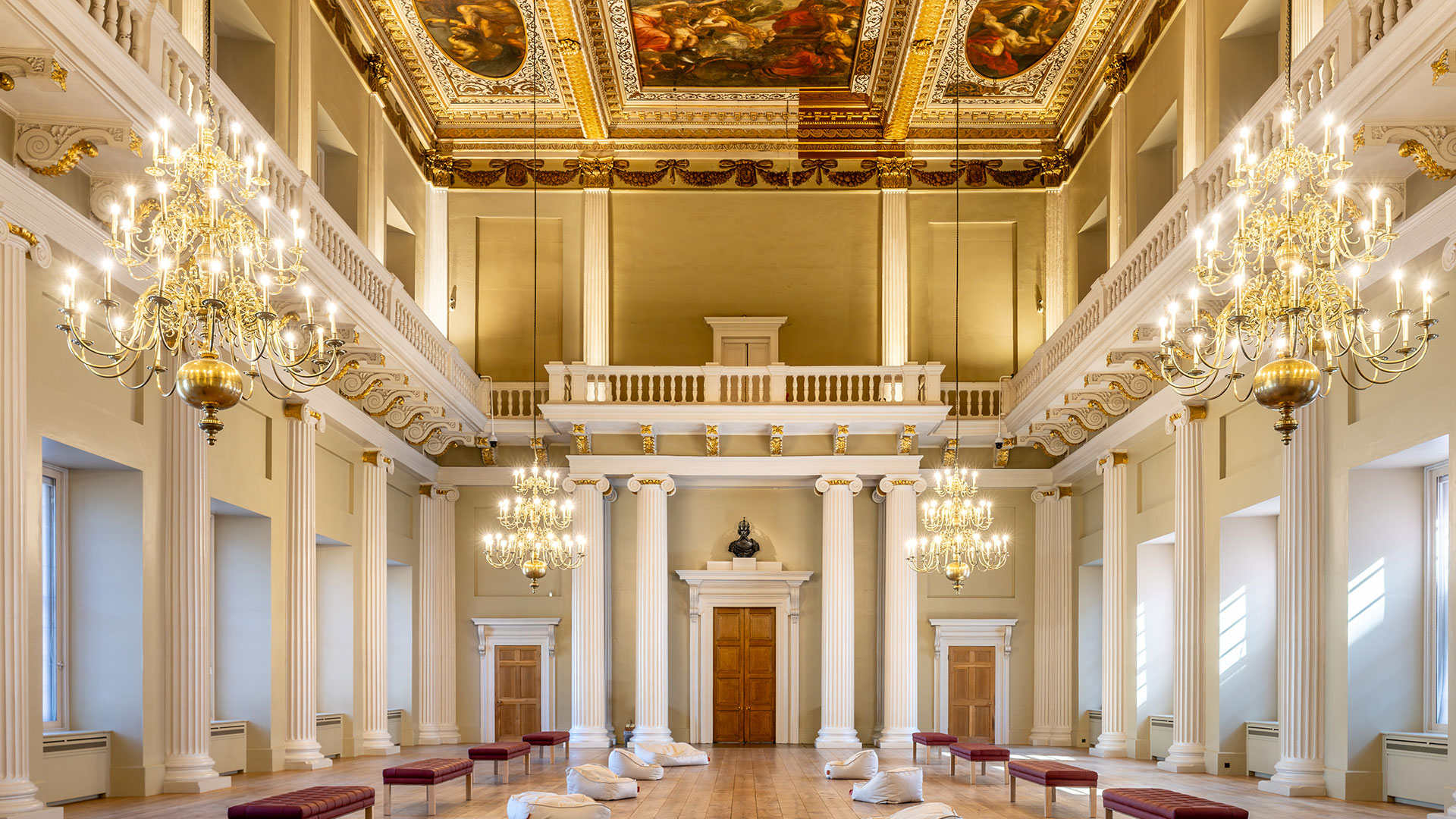 The elegant white and gold interior of Banqueting House