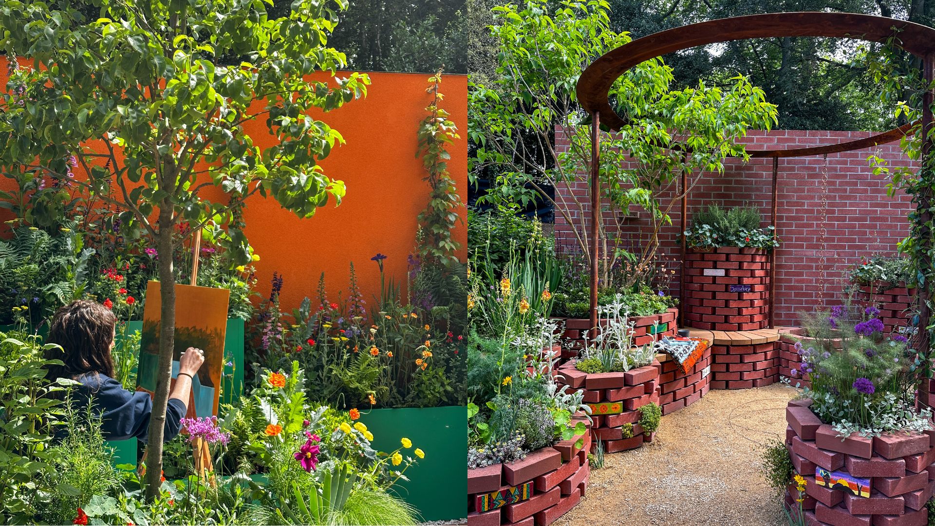 Two container garden installations at Chelsea Flower Show, including an artist painting among planting and a compact brick seating area.