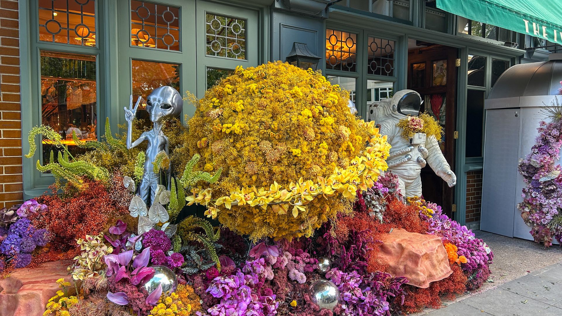 Stroll along the streets of Chelsea and discover quirky and vibrant Chelsea in Bloom flower installations. Image courtesy of Hannah Cornish. Floral display with a silver alien figure, astronaut statue and a large yellow planet, surrounded by colourful flowers outside a restaurant entrance