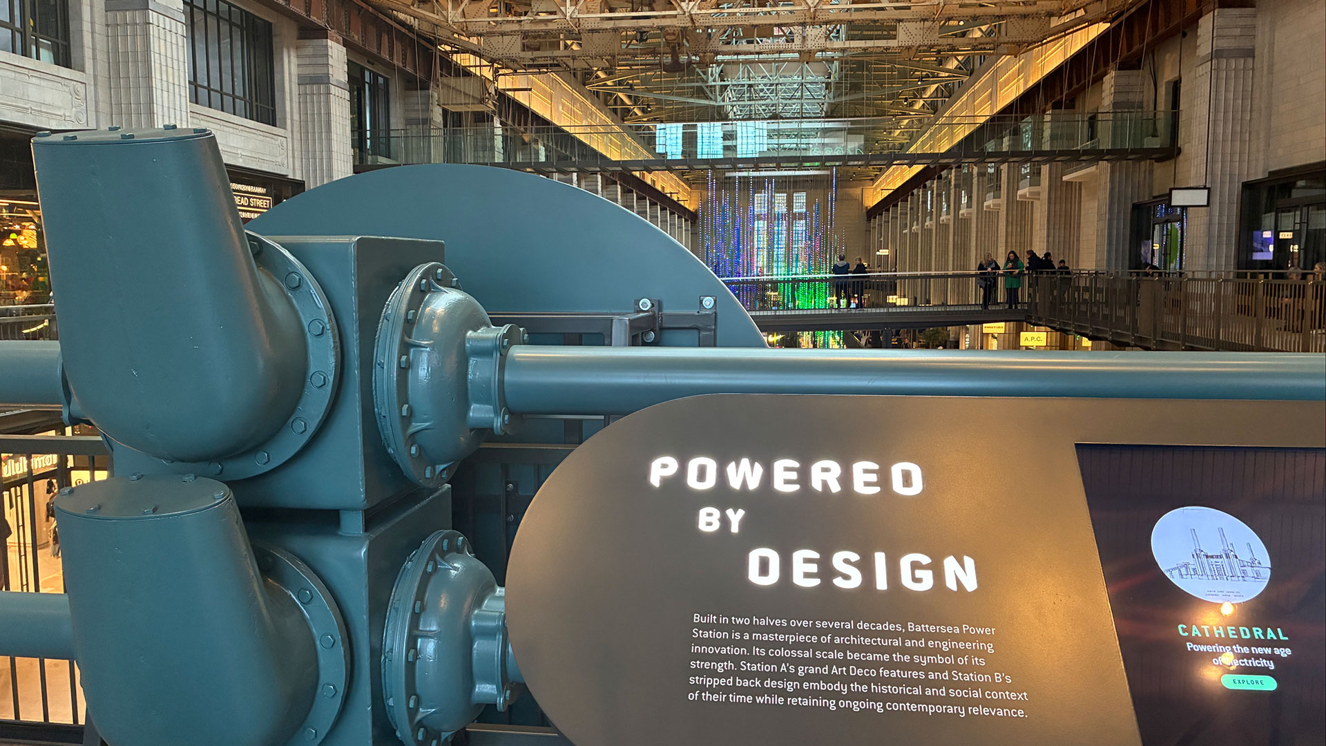 Explore the interactive exhibition before you complete your ascent © Chantal Welch. Image courtesy of Chantal Welch. A dark green interactive exhibit at Battersea Power Station