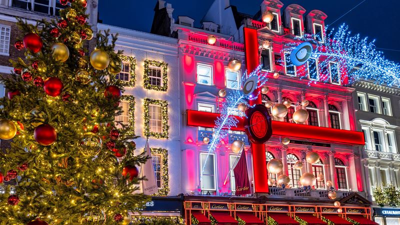 Bright and colourful Christmas window displays in Mayfair London.