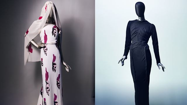 White Tears dress with veil on the left and black Skeleton Dress on the right both designed by Elsa Schiaparelli and Salvador Dalí.