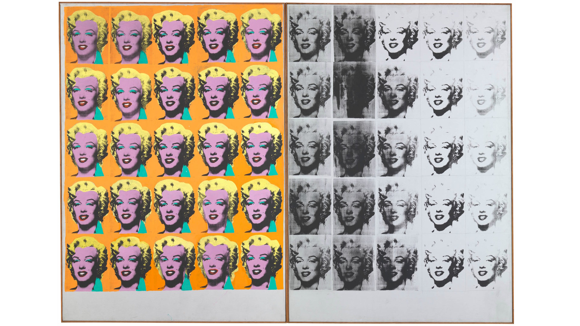 Andy Warhol's Marilyn Diptych showing repeated images of the icon in colour on the left side, and black and white on the right side.