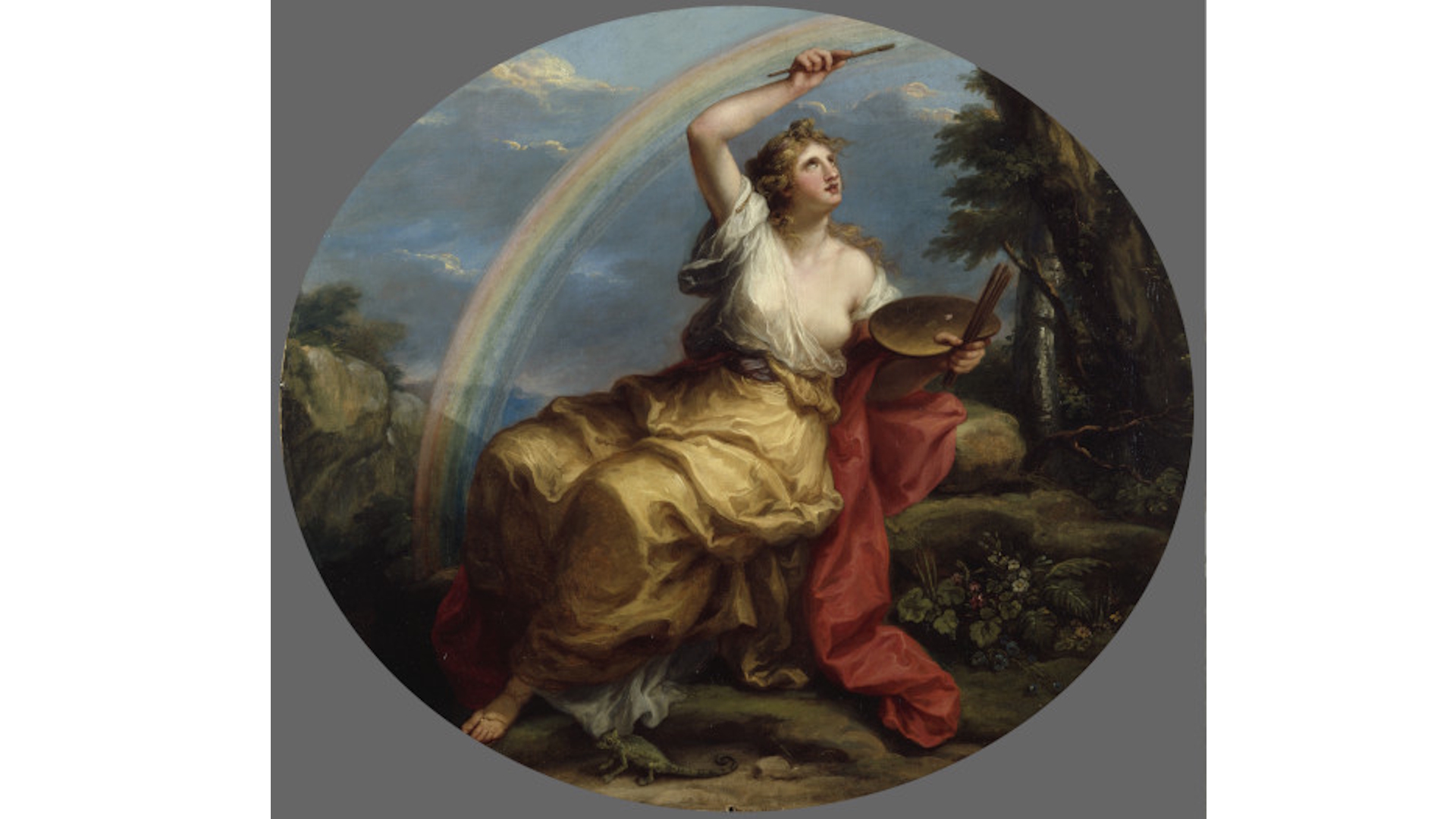 • Angelica Kauffman RA, Colouring, 1778-80. Oil on canvas. 1260 mm x 1485 mm x 25 mm. © Royal Academy of Arts, London. Photographer: John Hammond. Image courtesy of Royal Academy of Arts. Angelica Kauffman's Colouring painting, depicting a woman holding a paint brush that has made a rainbow, and holding a palette.