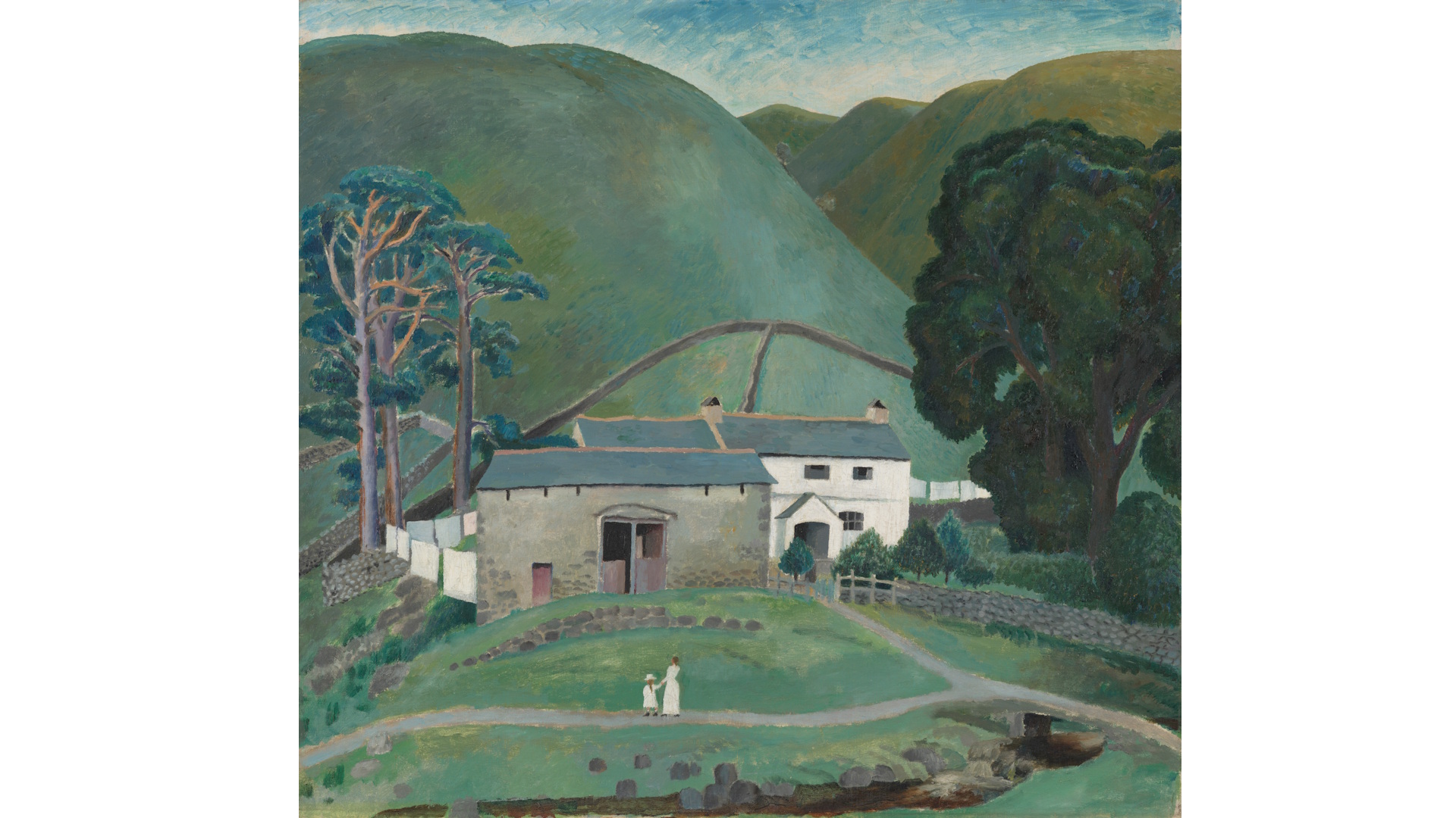 Dora Carrington, Farm at Watendlath. 1921. Tate. Image courtesy of Tate. Dora Carrington's Farm at Watendlath, depicting white and grey farm buildings in front of rolling green hills, with a woman and child standing in the foreground on a path.
