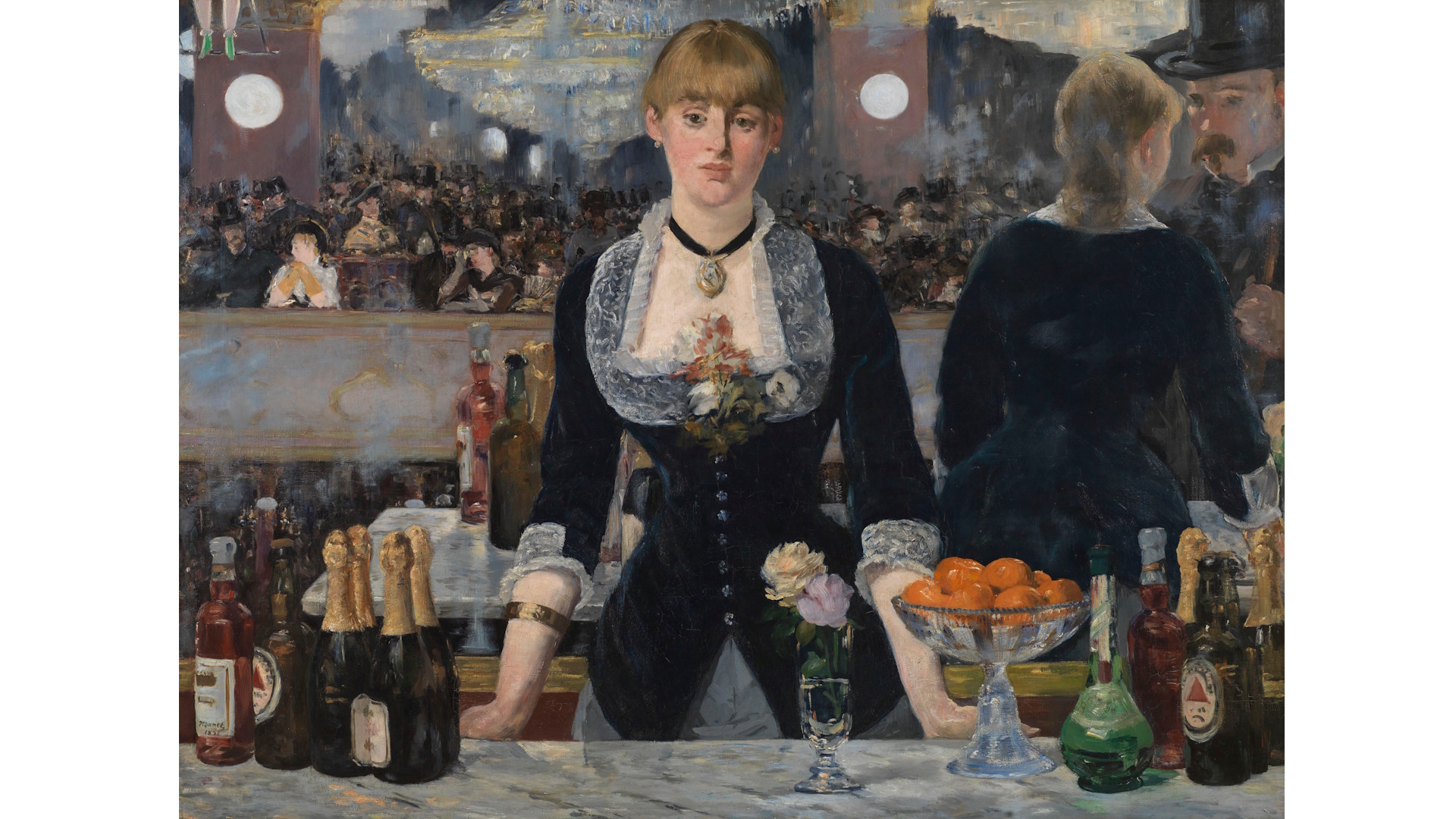 Édouard Manet's painting A Bar at the Folies-Bergère, which shows a bar woman standing behind the bar, with a mirror in the background reflecting the scene in front of her, plus bottles of champagne and fruit on the bar.