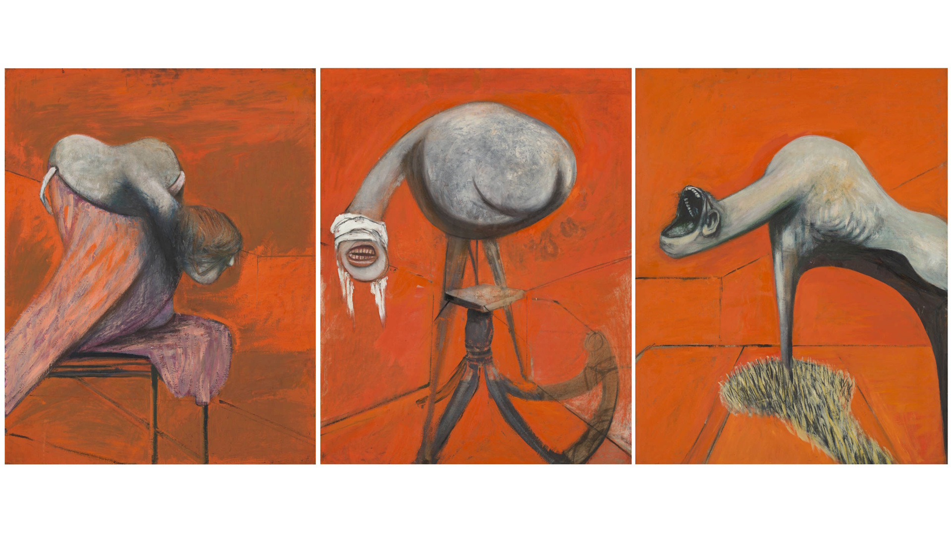 Francis Bacon's Three Studies for Figures at the Base of a Crucifixion, depicting three abstract figures with monster-like heads, against an orange background.