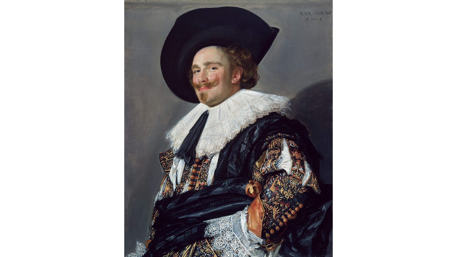 Frans Hals (1582 - 1666), The Laughing Cavalier, 1624 © The Trustees of the Wallace Collection. Image courtesy of the Wallace Collection. A portrait of a man with a moustache, wearing a black hat, a white ruff and stylish embroidered clothing.