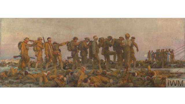 Gassed by John Singer Sargent, 1919. Image: IWM (Art.IWM ART 1460). Image courtesy of IWM London. John Singer Sargent's paintings of soldiers during the First World War standing up with arms on each other to be able to navigate where they are walking, following a mustard gas attack in the trenches.