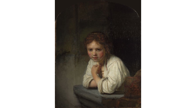 Rembrandt van Rijn's painting of a young girl resting her elbows on a window ledge. The girl is dressed in a white blouse and has a fair complexion, set against a dark background.