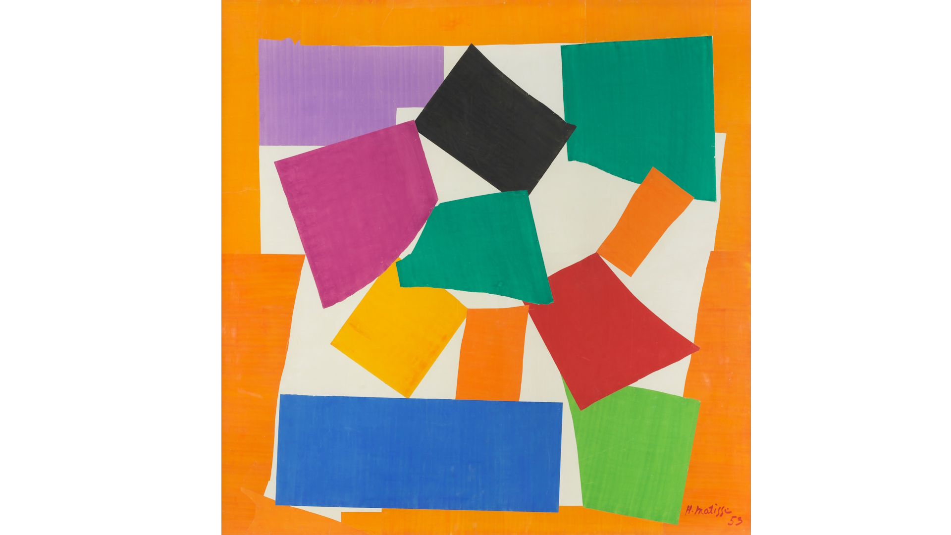 Henri Matisse's The Snail, an abstract modern artwork featuring different coloured shapes that loosely form the shape of a snail.