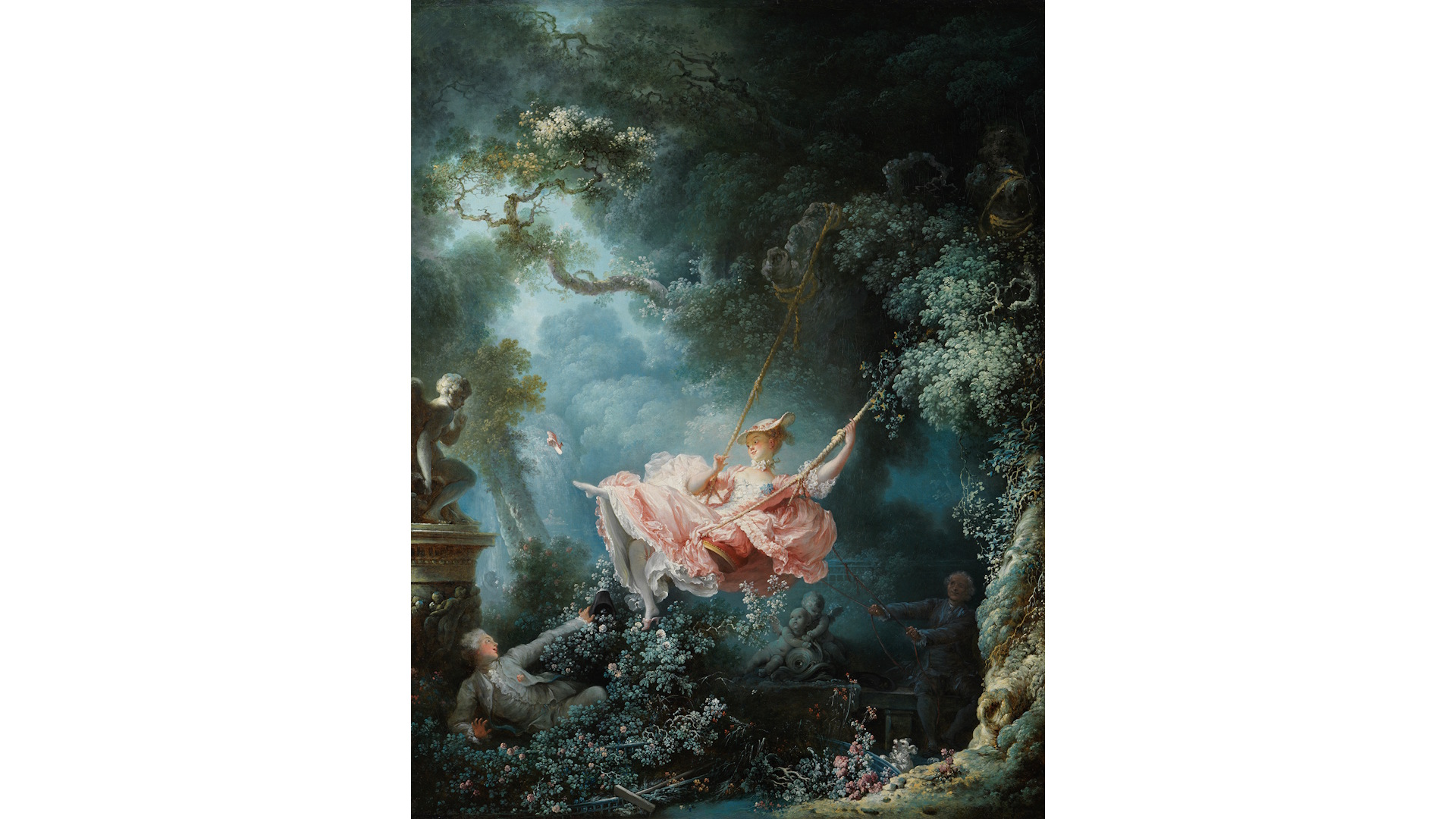 Jean-Honoré Fragonard (1732 - 1806), Les hasards heureux de l'escarpolette (The Swing), France, c. 1767 - 1768 © The Trustees of the Wallace Collection. Image courtesy of the Wallace Collection. A woman, dressed in a pink dress with a large skirt, on a swing among trees. An older man to the right holds onto the reins of the swing, while the woman looks at a younger man on the left.