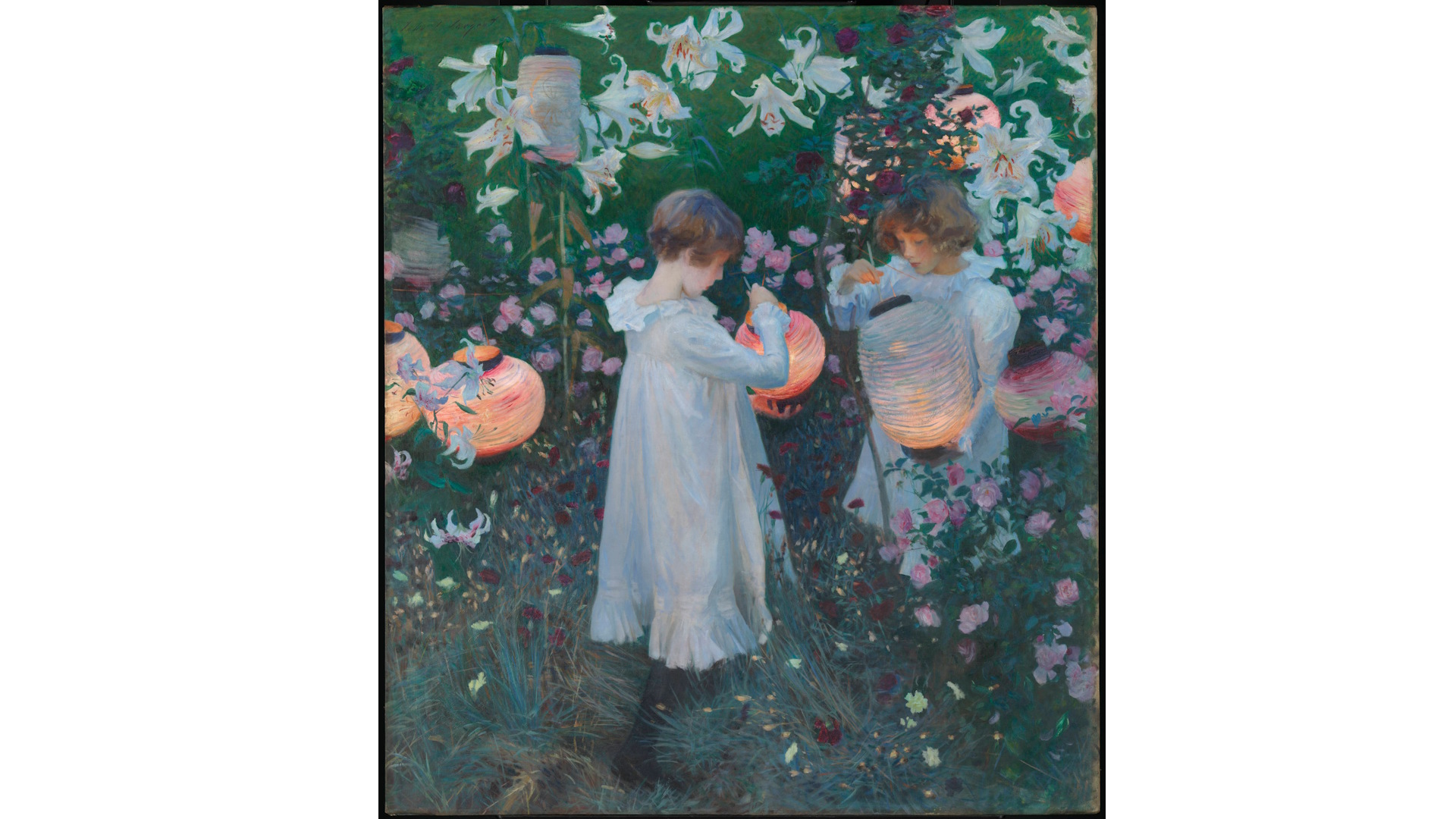 John Singer Sargent, Carnation, Lily, Lily, Rose. 1895-6. Tate. Image courtesy of Tate. John Singer Sargent's Carnation, Lily, Lily, Rose, depicting two girls wearing white dresses and lighting lanterns in a garden full of lilies and carnations.