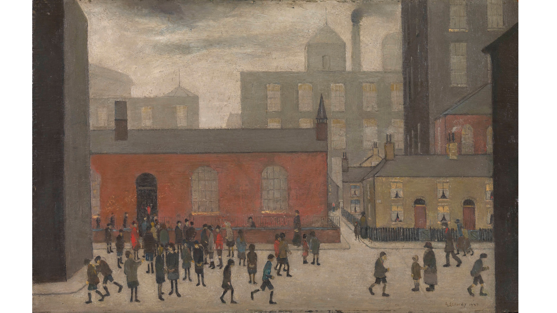 L.S. Lowry's Coming Out of School depiciting an industrial landscape with a school and children dressed in uniform.