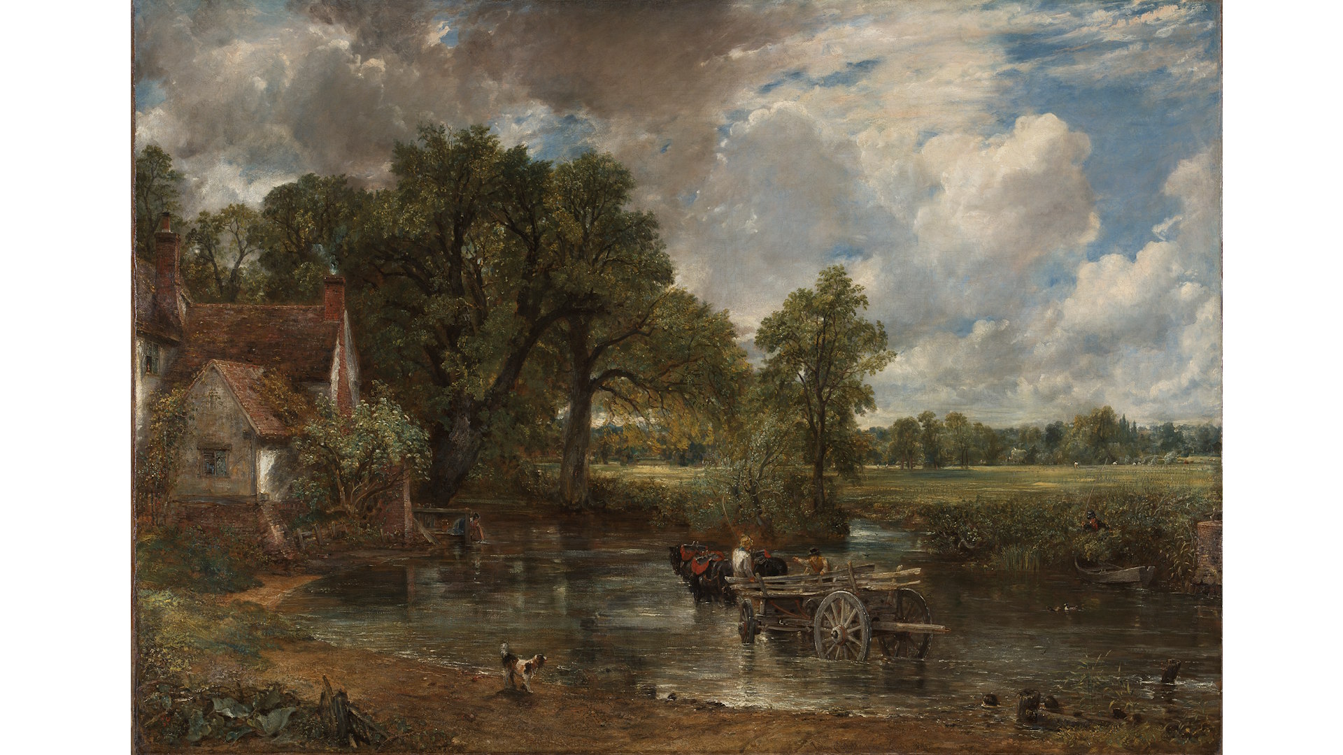 John Constable's The Hay Wain, depicting a river, with a cart and horse in the shallows of the river, a cow in the foreground and a farm cottage and mill in the background.