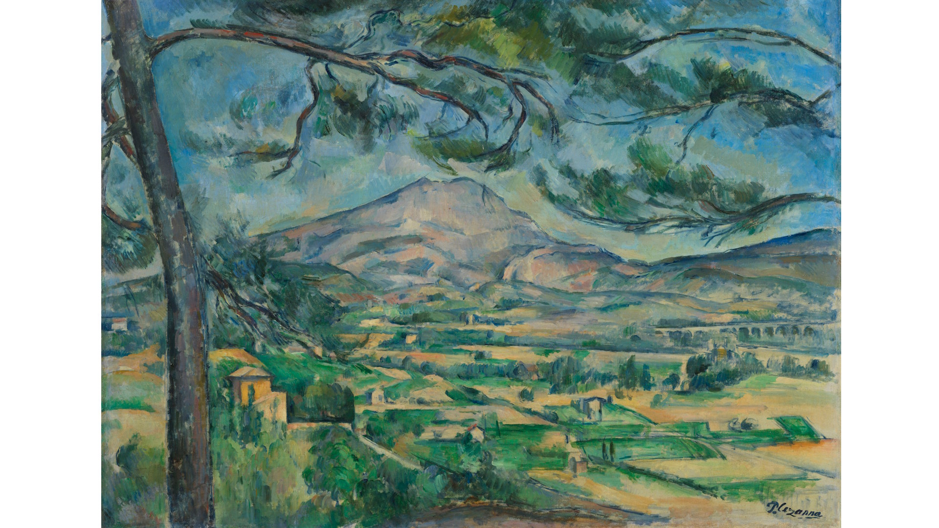 Paul Cézanne (1839-1906), The Montagne Sainte-Victoire with a Large Pine, around 1887, oil on canvas, Courtauld Gallery, London (Samuel Courtauld Trust) © Courtauld. Image courtesy of Courtauld Gallery. Paul Cézanne's painting The Montagne Sainte-Victoire with a Large Pine, showing a landscape of a mountain in the background, yellow and green fields in the mid-ground and a pine tree framing the view i the foreground.