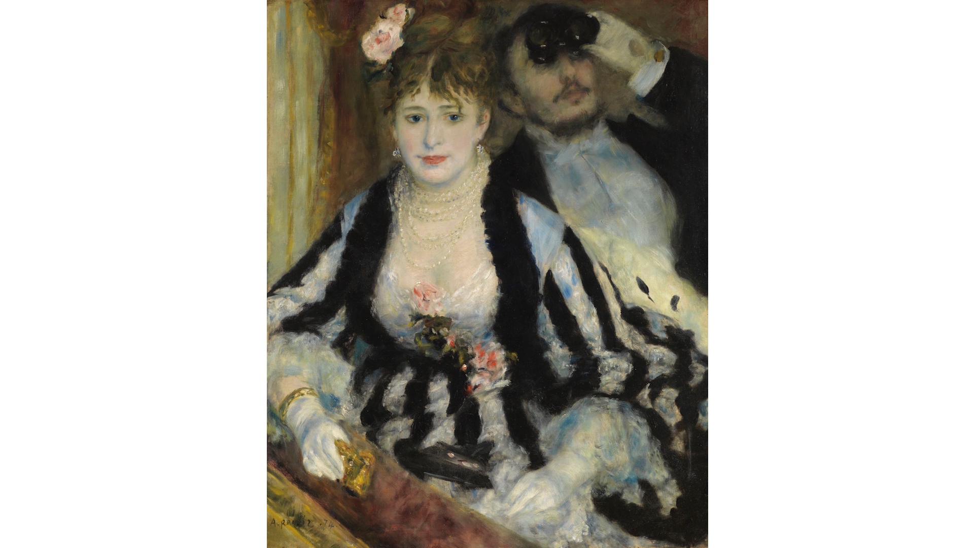 Pierre-Auguste Renoir (1841- 1919), La Loge, 1874, oil on canvas, Courtauld Gallery, London (Samuel Courtauld Trust) © Courtauld. Image courtesy of Courtauld Gallery. Pierre-Auguste Renoir's painting La Loge showing a woman dressed in a black-and-white striped dress in a theatre box.