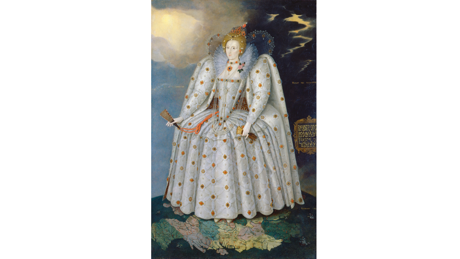 Marcus Gheeraerts the Younger's portrait of Queen Elizabeth I standing in an intricate white dress embroidered with numerous motifs.