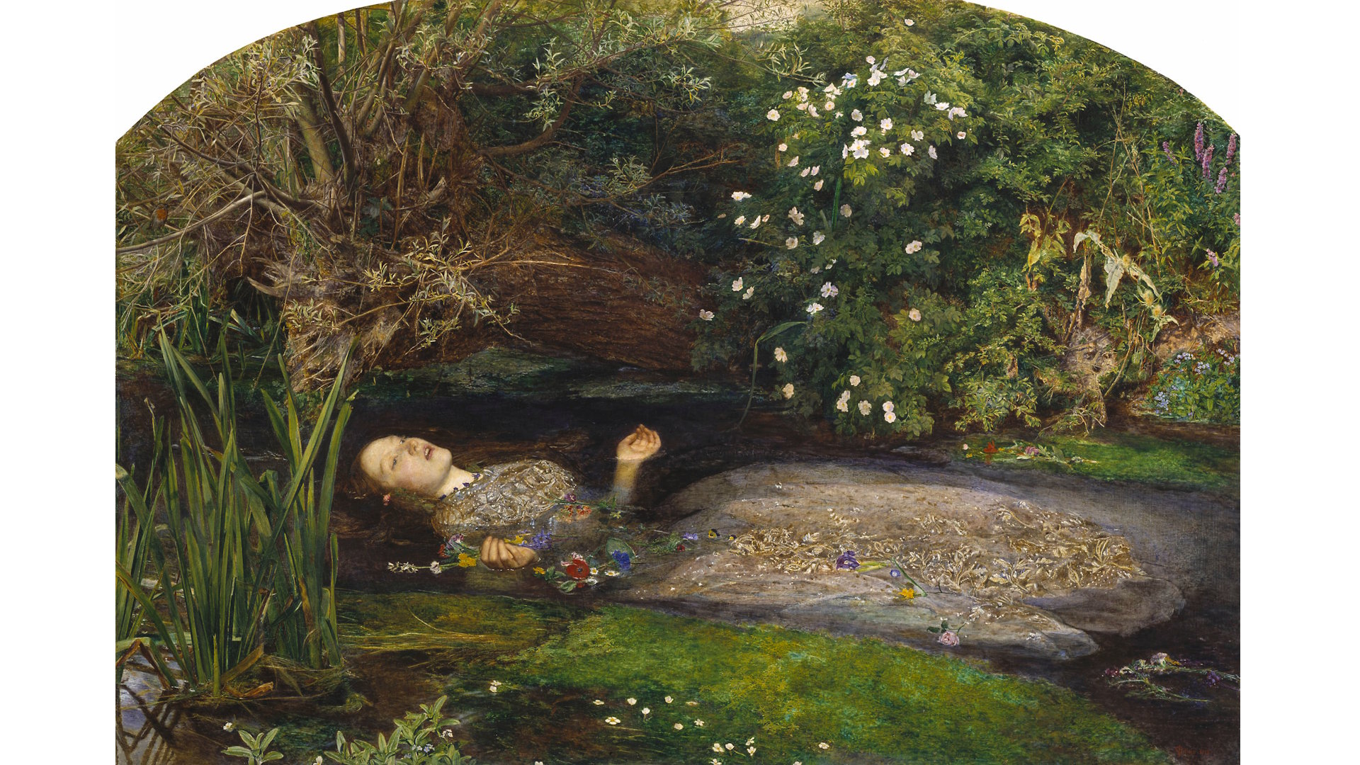 Sir John Everett Millais, Bt, Ophelia, 1851-2. Tate. Image courtesy of Tate. A painting of a woman lying dead in a pond wearing a dress, surrounded by reeds and flowers.