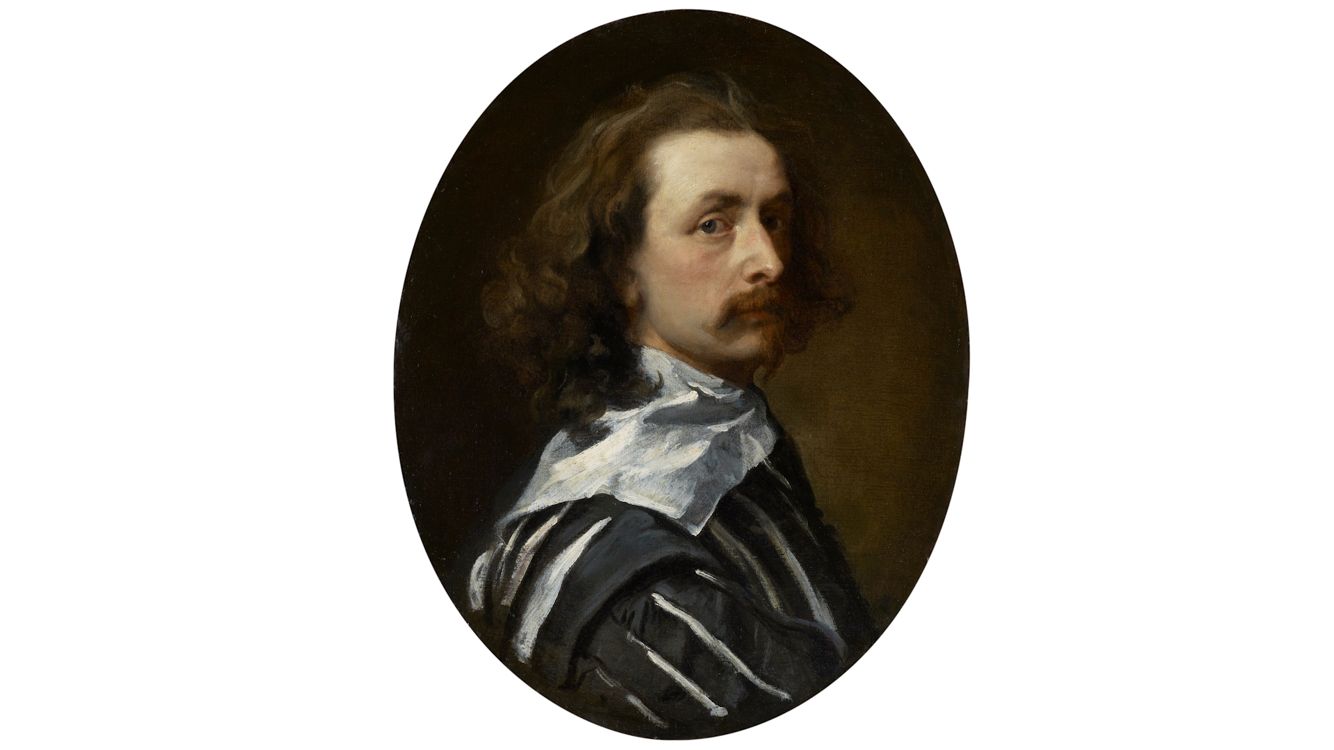 Sir Anthony van Dyck by Sir Anthony van Dyck, c. 1640 © National Portrait Gallery, London. Image courtesy of National Portrait Gallery. A self-portrait of Sir Anthony van Dyck in a black and white tunic, set in an oval frame against a dark background.