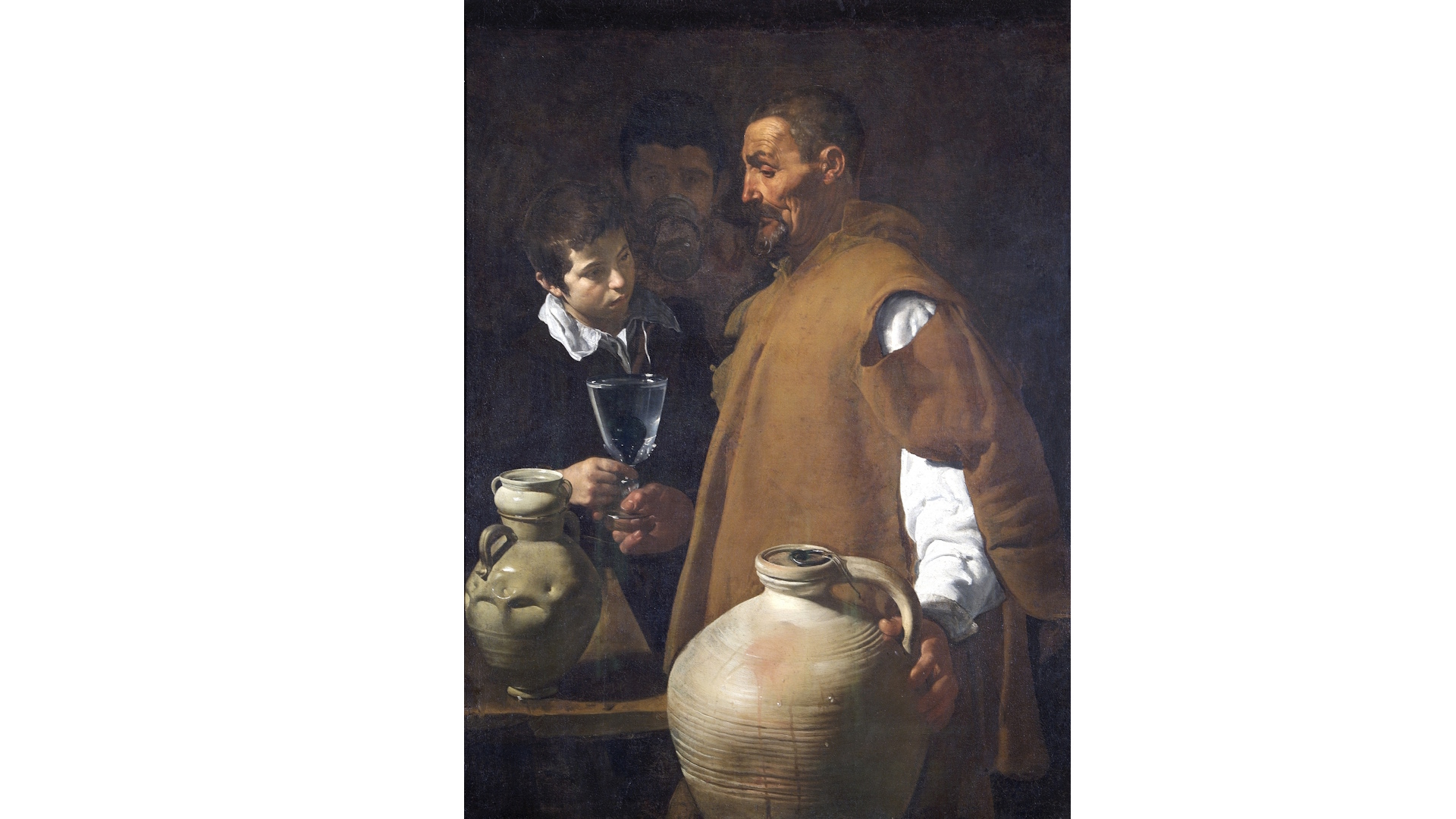 Diego Velázquez's The Waterseller of Seville painting showing a water seller dressed in a brown tunic and a young man dressed in black. In the foreground is a pottery jug.