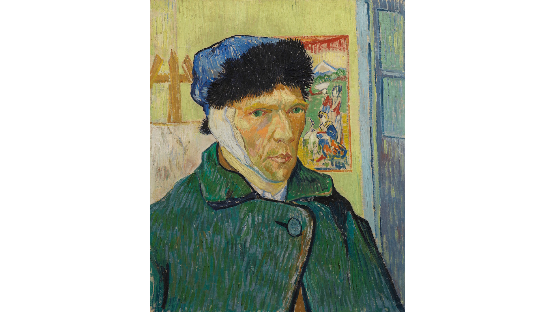 Vincent van Gogh's Self-Portrait with Bandaged Ear, showing the artist dressed in a green overcoat and wearing a blur fur-llned hat, with his right ear in a large bandage.