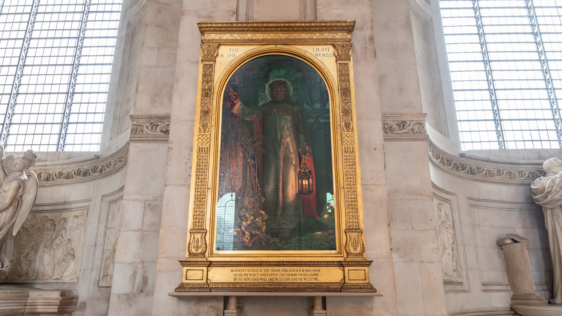 William Holman Hunt, The Light of the World. Credit: Graham Lacdao St Paul’s Cathedral. Image courtesy of St Paul's Cathedral. William Holman Hunt's The Light of The World hanging in a gold frame within St Paul's Cathedral.