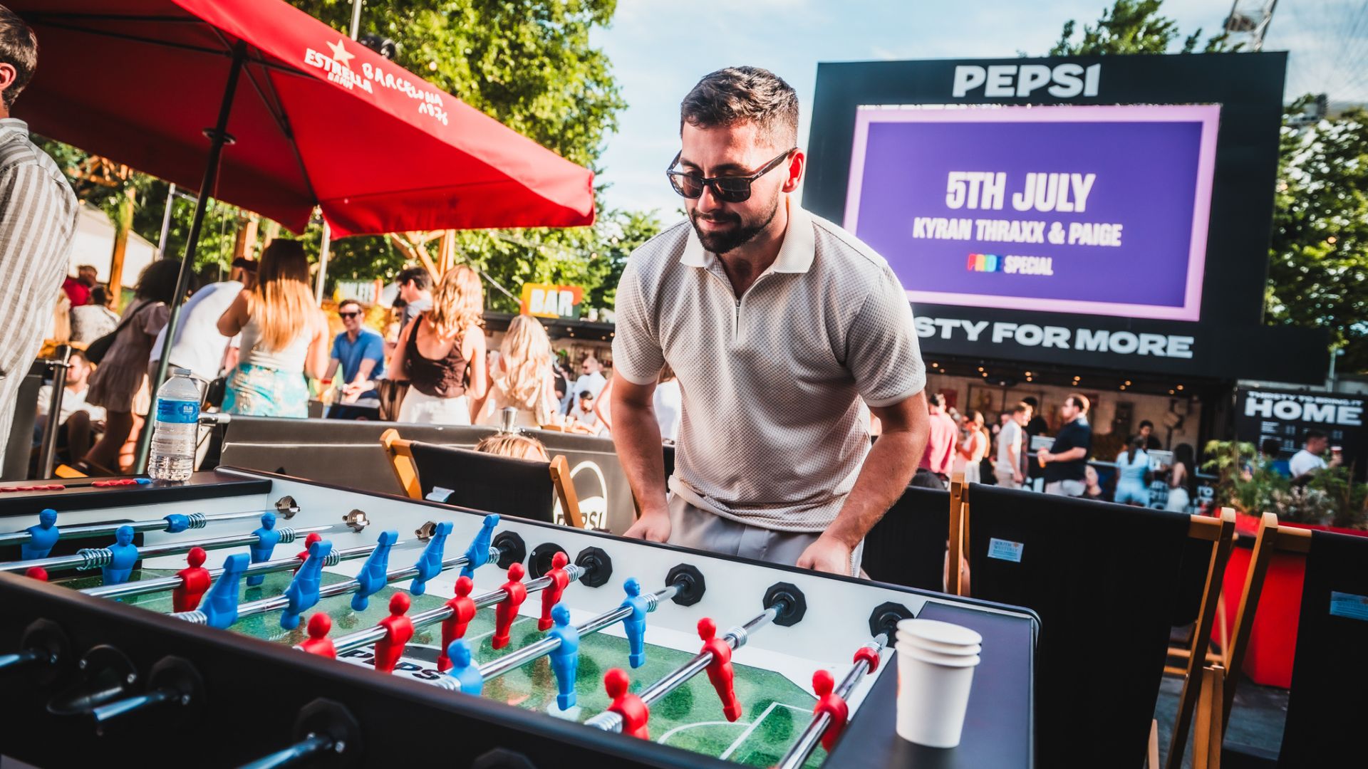 Challenge friends to a game of table football before catching the World Cup action at Between The Bridges. Image courtesy of Pack Group. TOCA Social x Women in Football: Watch England's matches alongside fellow fans at exclusive watch parties featuring interactive football games, themed food and drinks, and a lively community atmosphere.