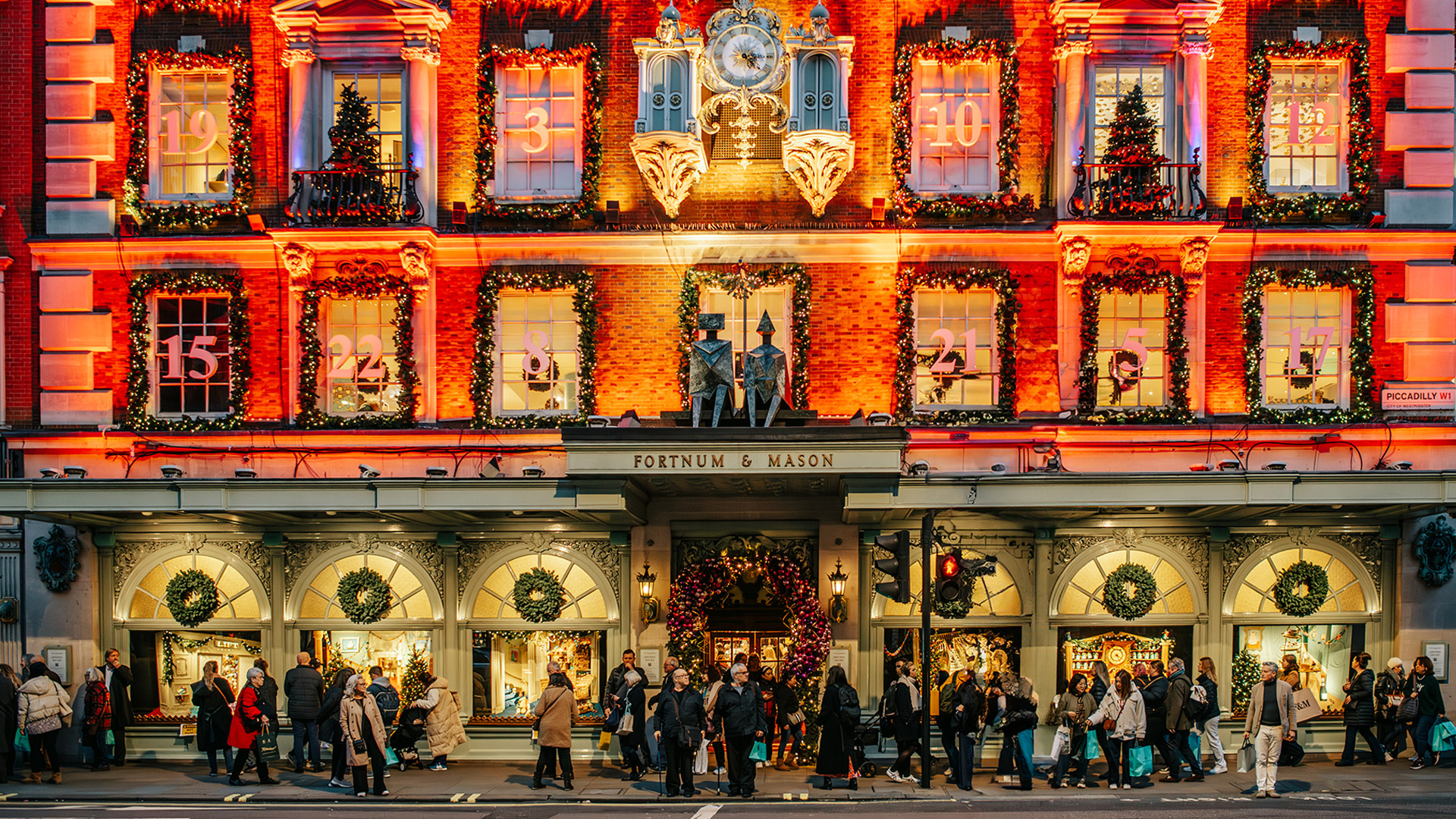 Dazzling lights decorate the exterior of Fortnum & Mason on Piccadilly