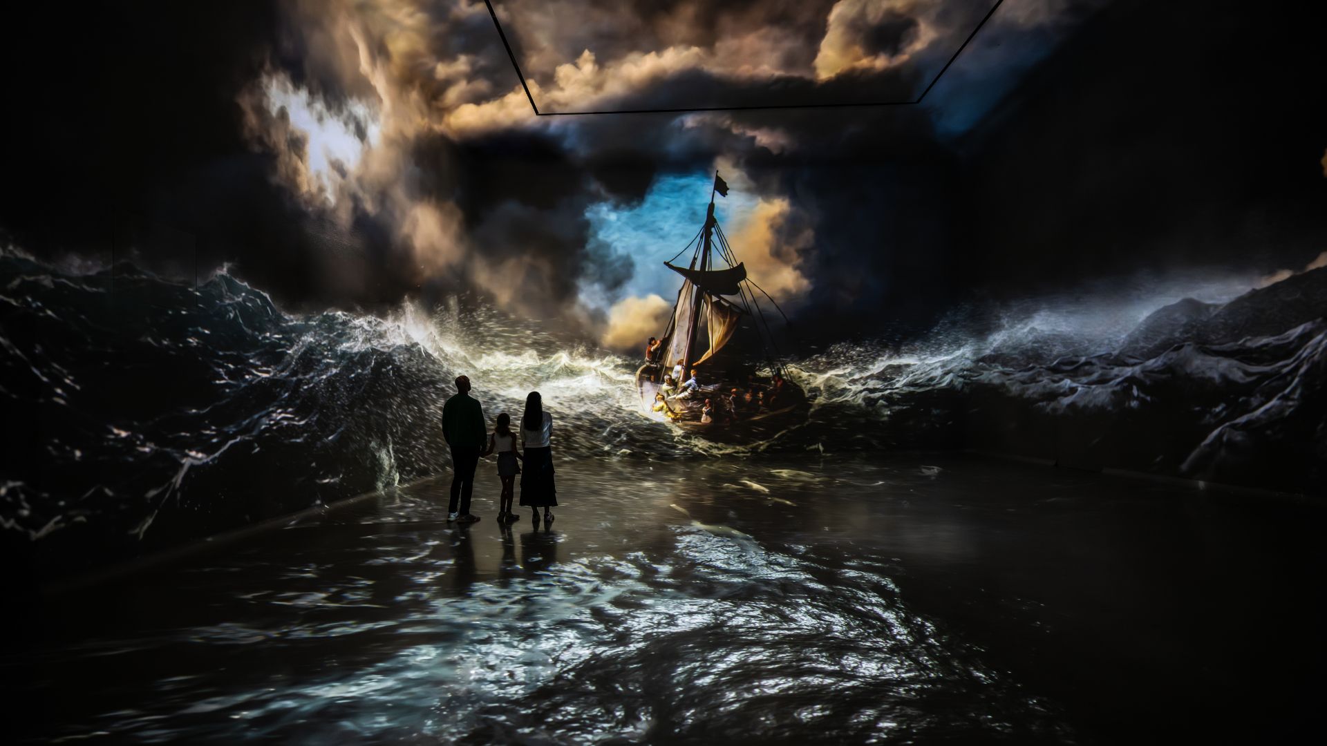 Rembrandt’s The Storm on the Sea of Galilee as an immersive experience at FRAMELESS with interactive waves crashing on walls and the floor.