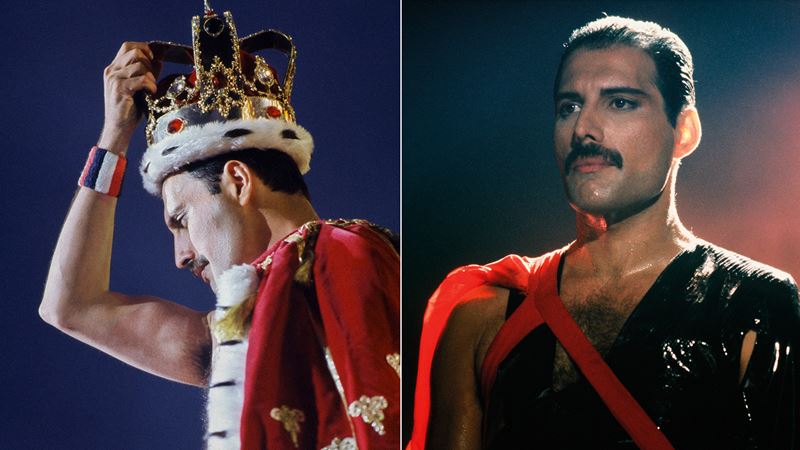 a landscape collage, with a man in the left side frame wearing a royal red cape and bowing slightly to remove a regal gold crown, and a man on the staring sombre past the camera and wearing a dark outfit with a tied red garment across his chest.
