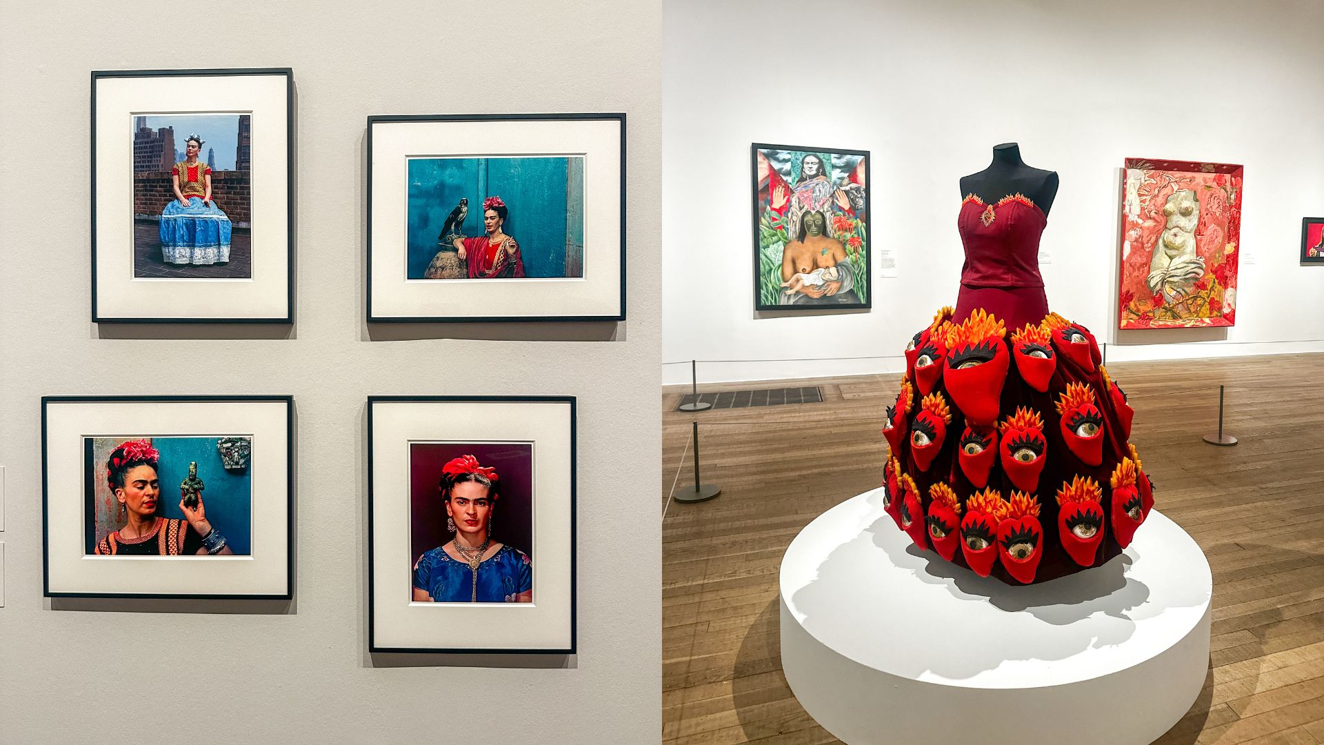 Four framed photographs of Frida Kahlo displayed beside a striking red dress decorated with flaming eyes at the Frida Kahlo exhibition at Tate Modern in London.