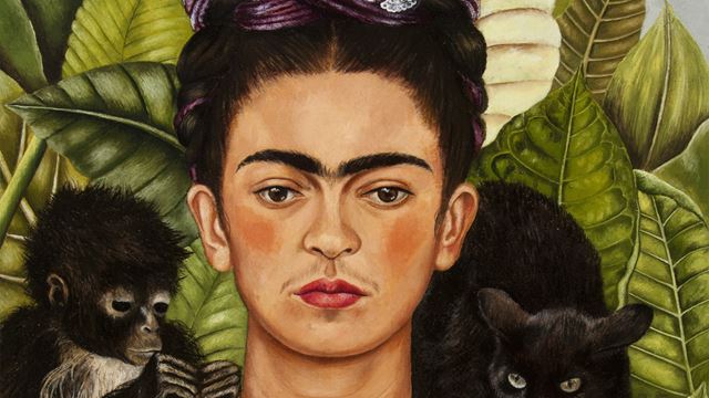 Self-portrait of Frida Kahlo with a cat and monkey on her shoulders.