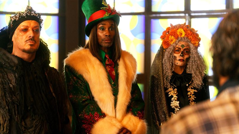 Boy George, Billy Porter and Eva Longoria in Christmas Karma. Credit: True Brit Entertainment. A still of Eva Longoria (right), Billy Porter (middle) and Boy George (left) as the ghost of Christmas past present and future in Christmas Karma.