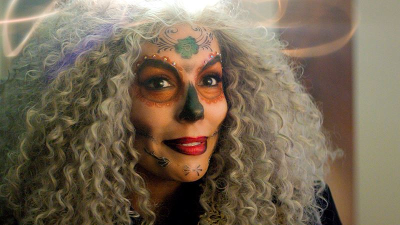 Eva Longoria in Christmas Karma. Credit: True Brit Entertainment. A still of Eva Longoria as the ghost of Christmas past in Christmas Karma