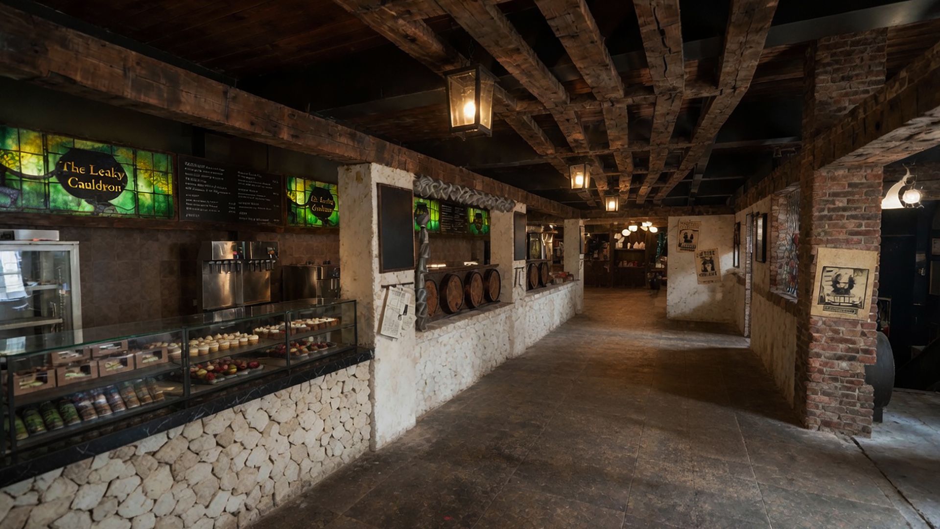 Interior of the Harry Potter Shop on Oxford Street, styled as the Leaky Cauldron with rustic wooden beams, stone walls, themed decor and a food and drinks counter.